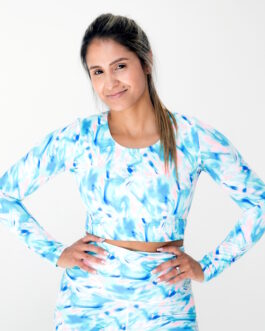 Hukt Ladies Long Sleeve Gym Crop Top – Light Blue / Pink