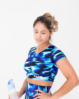 Hukt Ladies Printed Short Sleeve Crop Top – Blue / Black